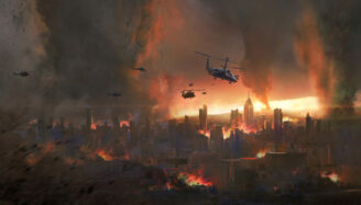City in a tornado, doomsday scene, digital painting.